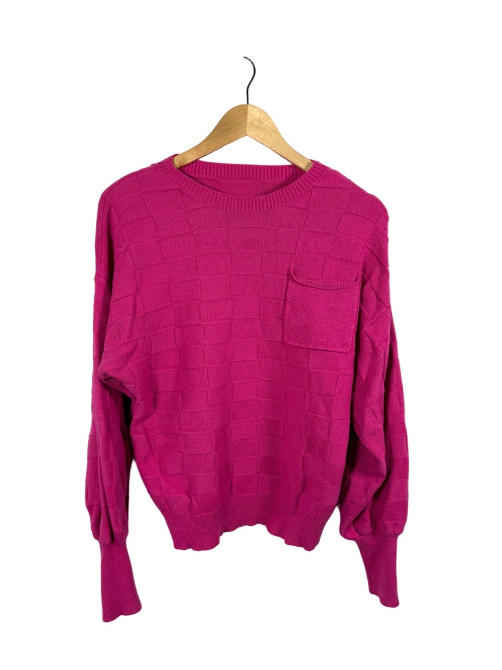 Womens M Hot Pink Textured Checkerboard Knit Sweater Chest Pocket